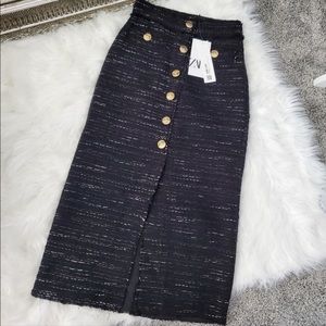 New! Zara Black Tweed Textured Weave High Waist Pencil Skirt, gold metal buttons